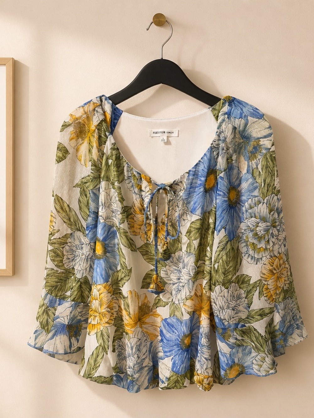 PerSeption Concept Floral Peasant Blouse - Blue & Yellow